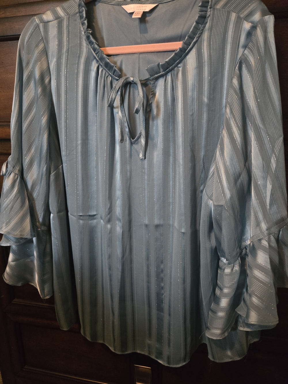 LC Lauren Conrad Dusty Blue Striped Tie-Neck Ruffle Sleeve Blouse